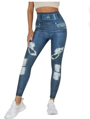 Swank A Posh High-Waist Blue Distressed Jeggings Women's Stretch Jeans Leggings